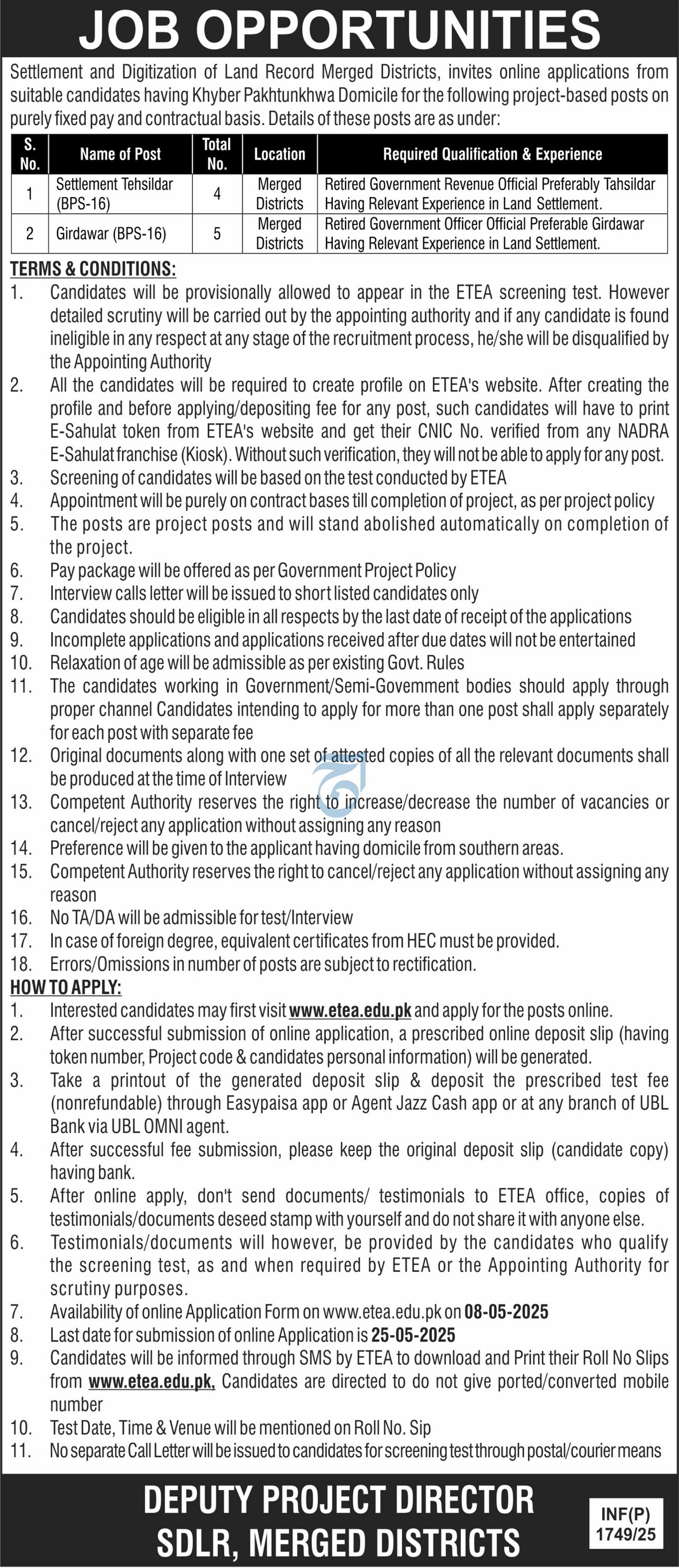 Settlement & Digitization Of Land Records SDLR Jobs 2025 – Public Sector Organization Jobs 2025 — original advertisement