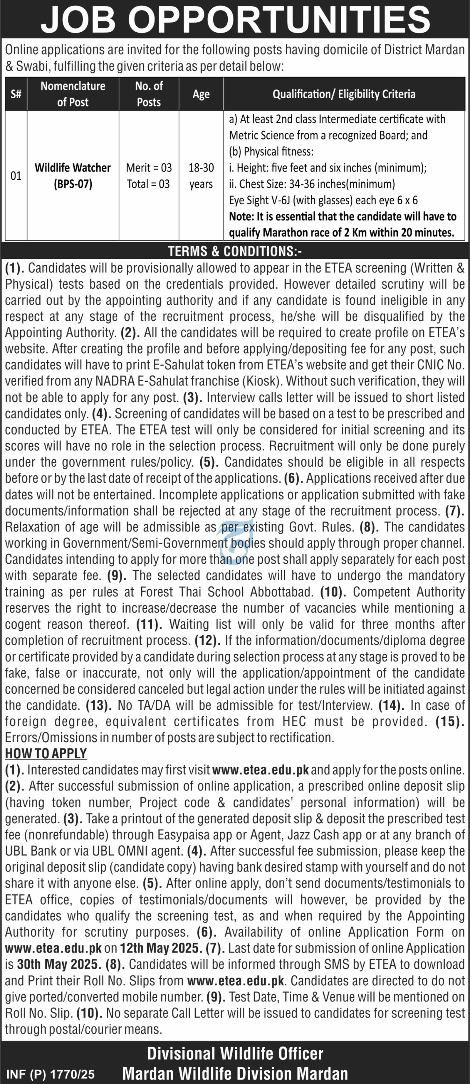 Mardan Wildlife Division Jobs 2025 For Wildlife Watcher – Forestry, Environment & WildLife Department KPK Jobs 2025 — original advertisement