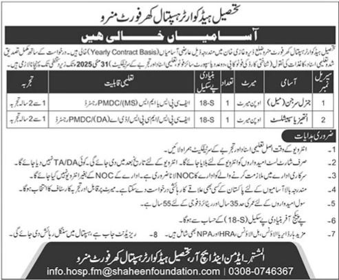 Tehsil Headquarter Hospital THQ Fort Manro Job 2025 Jobs 2025 — original advertisement