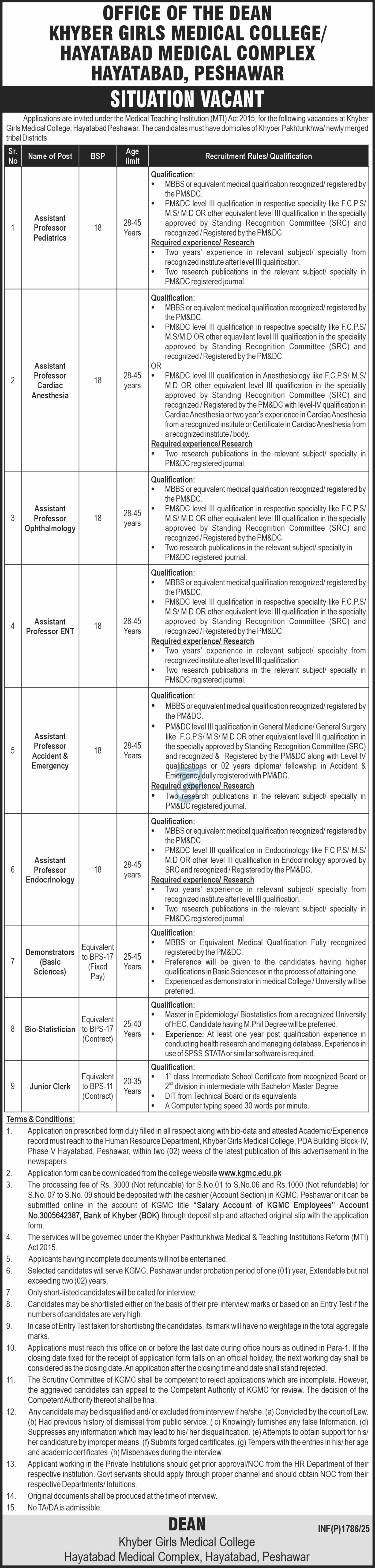 Khyber Girls Medical College Peshawar Jobs 2025 Jobs 2025 — original advertisement