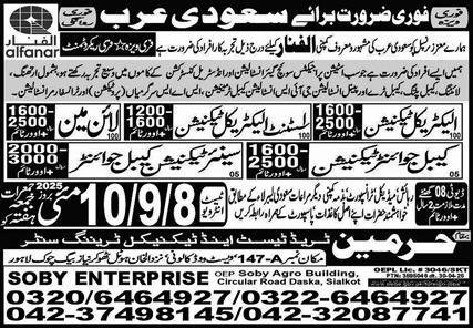 Cable Jointer Technician & Electrical Technician Jobs 2025 – Soby Enterprises Overseas Employment Promoters Jobs 2025 — original advertisement