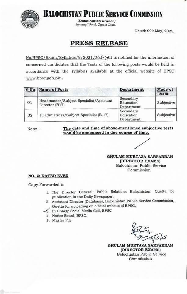 BPSC Headmaster Headmistress subject Specialist Assistant Di – Balochistan Public Service Commission Quetta Balochsitan Jobs 2025 — original advertisement