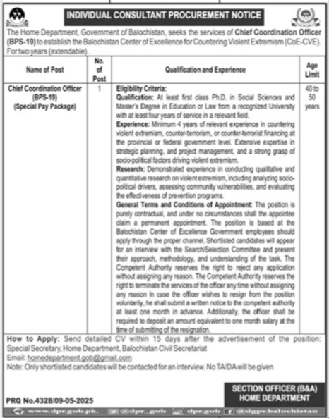Home Department Balochistan Jobs 2025 – Home & Tribal Affairs Department Balochistan Jobs 2025 — original advertisement