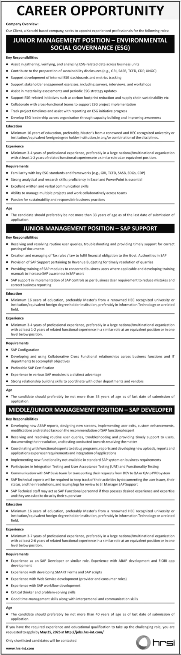 Human Resource Solution International HRSI jobs 2025 – HRSG People and Business karachi Jobs 2025 — original advertisement