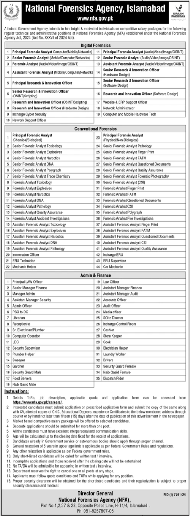 National Forensics Agency NFA Islamabad Jobs 2025 – Public Sector Organization Jobs 2025 — original advertisement