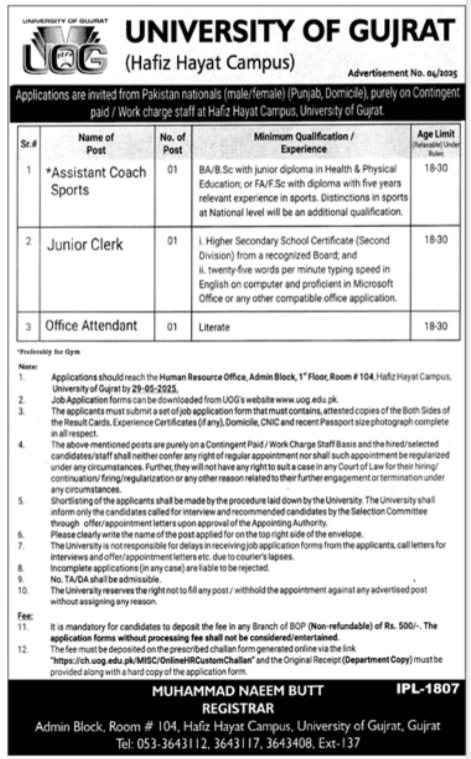 University Of Gujrat UOG Jobs 2025 Jobs 2025 — original advertisement