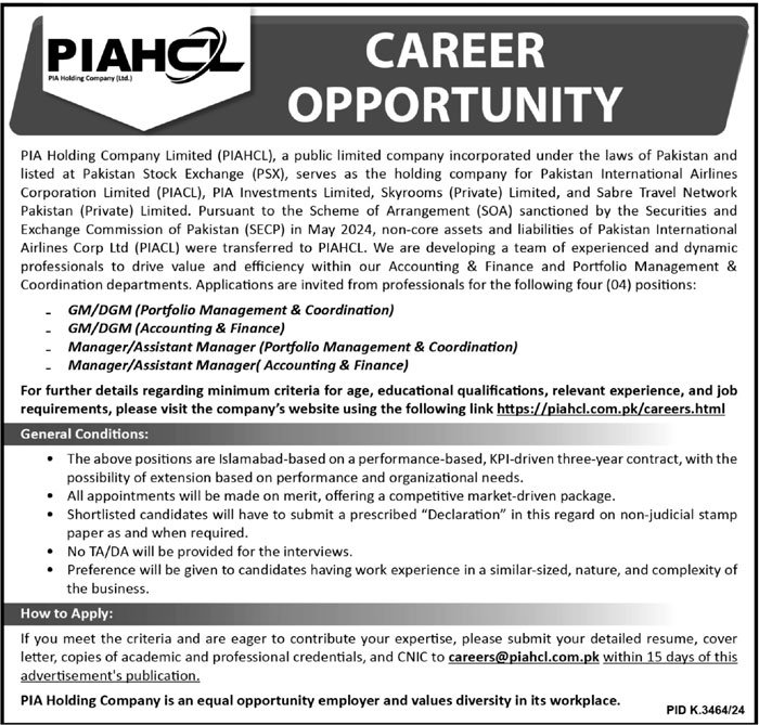 PIA Holding Company Limited Islamabad Jobs 2025 – Private Company Jobs 2025 — original advertisement