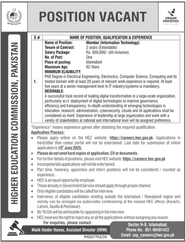 Higher Education Commission HEC Islamabad Job 2025 – Higher Education Commission Islamabad Jobs 2025 — original advertisement