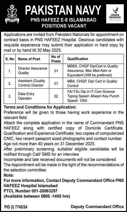 PNS Hafeez Naval Hospital Islamabad Jobs 2025 – Pakistan Navy Jobs 2025 — original advertisement