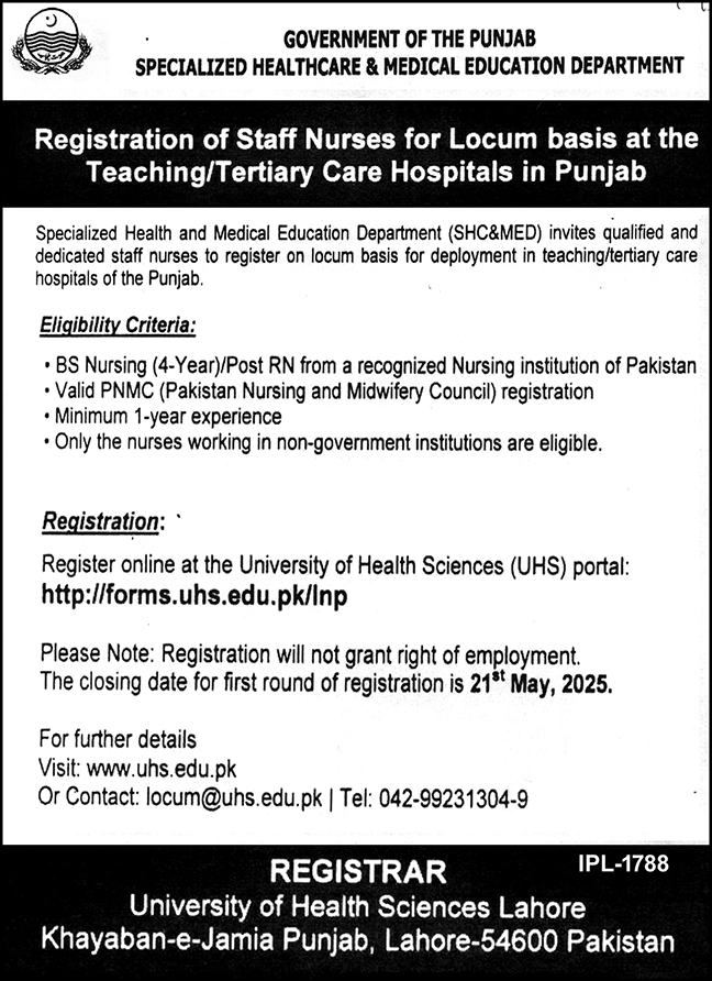 Specialized Healthcare & Medical Education Jobs 2025 – Specialized Healthcare And Medical Education Department Lahore Jobs 2025 — original advertisement