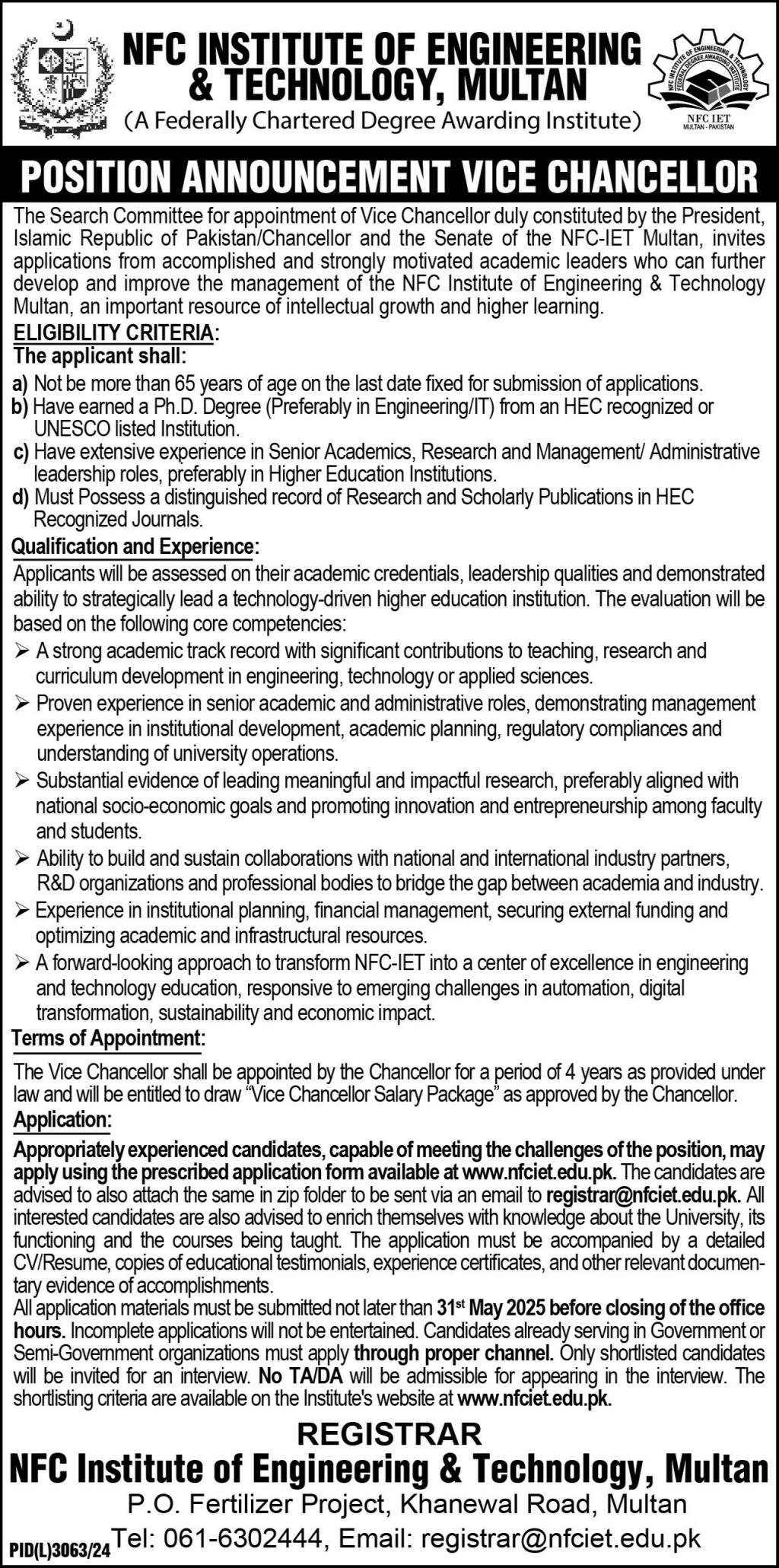 NFC Institute Of Engineering & Technology Jobs 2025 – NFC Institute of Engineering & Technology Multan Jobs 2025 — original advertisement