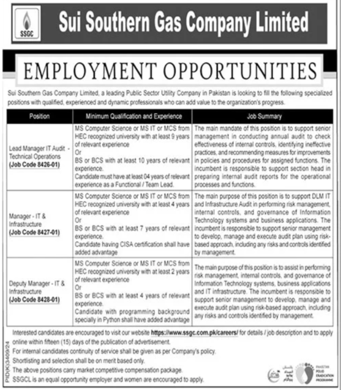 Sui Southern Gas Company Limited SSGC Karachi Sindh Jobs Jobs 2025 — original advertisement