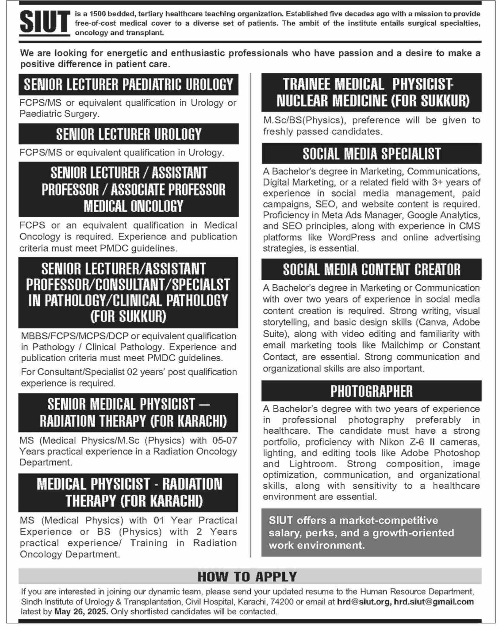 Sindh Institute Of Urology SIUT Karachi Sindh Jobs 2025 – Sindh Institute of Urology and Transplantation SIUT Karachi Jobs 2025 — original advertisement