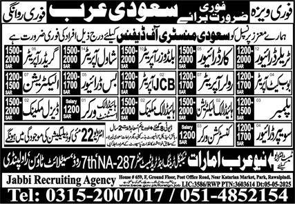 Hydraulic Electrician & Sweeper Driver Jobs 2025 – Jabbi Recruiting Agency Jobs 2025 — original advertisement