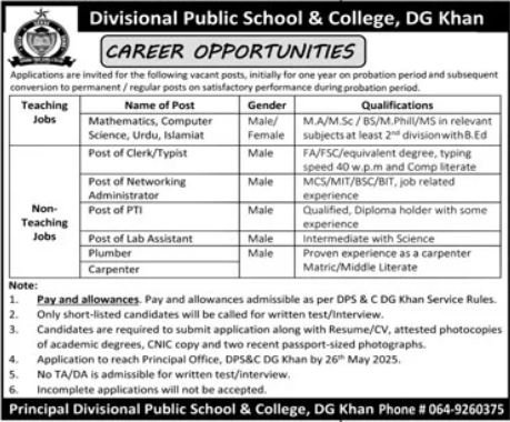 Divisional Public School & College DG Khan Jobs 2025 – Divisional Public School and College Jobs 2025 — original advertisement