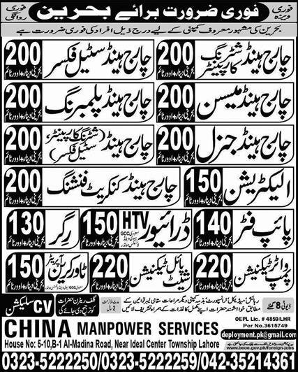 Tower Crane Operator & Chargehand Mason Jobs 2025 – China Manpower Services Jobs 2025 — original advertisement
