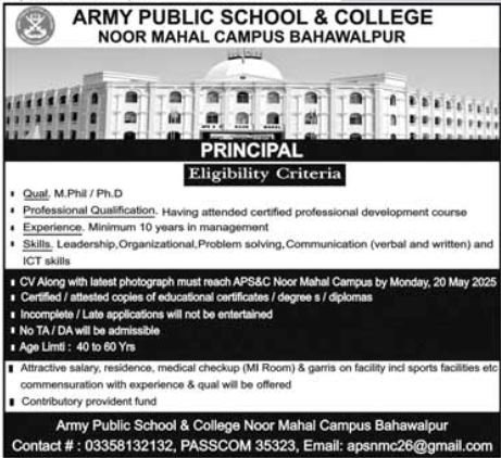 Army Public School & College APS&C Bahawalpur Job 2025 – Army Public School & College Paksitan Jobs 2025 — original advertisement