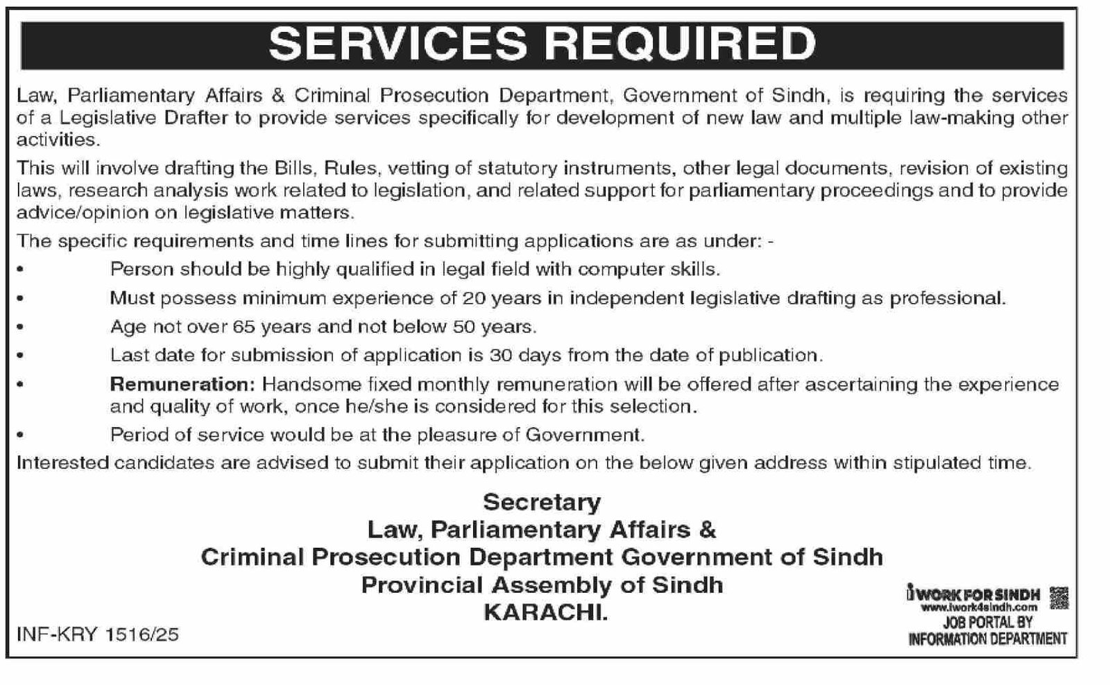 Law Parliamentary Affairs & Criminal Prosecution Jobs 2025 – Govt of Sindh Jobs 2025 — original advertisement