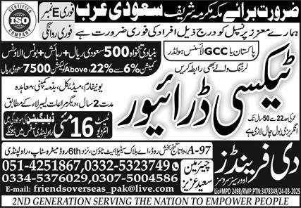 Driver & Taxi Driver Jobs 2025 In Saudi Arabia – The Friends Overseas Service Jobs 2025 — original advertisement