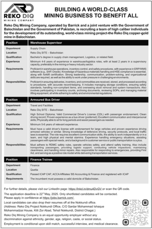 Reko Diq Mining Company RDMC Quetta Jobs 2025 – Barrick Pakistan Jobs 2025 — original advertisement