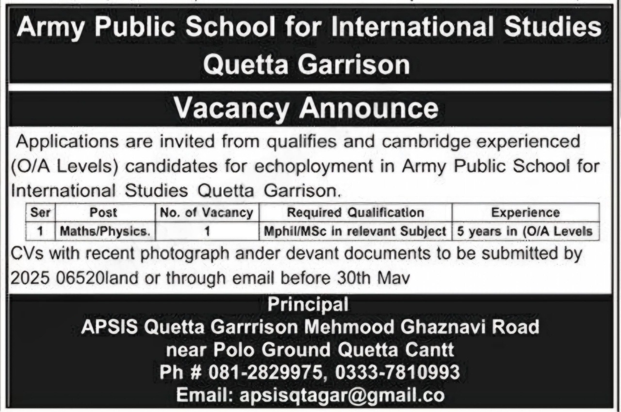 Army Public School Quetta Jobs 2025 – Army Public School & College Paksitan Jobs 2025 — original advertisement