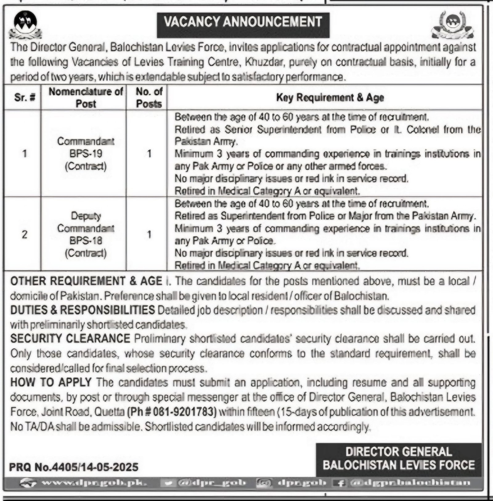 Balochistan Levis Force Jobs 2025 – Balochistan Levies Force Jobs 2025 — original advertisement
