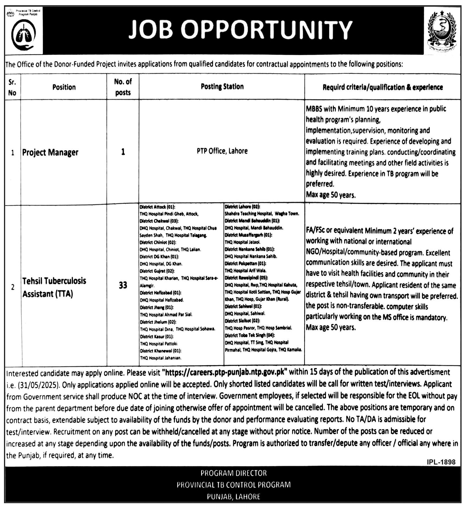 Provincial TB Control Program Punjab Jobs 2025 – Public Sector Organization Jobs 2025 — original advertisement