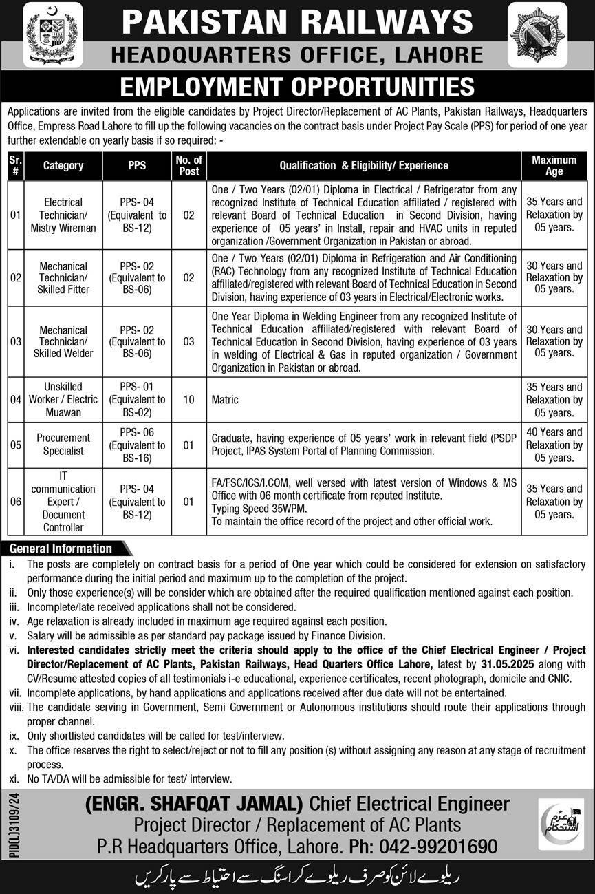 Pakistan Railways Headquarters Lahore Jobs 2025 – Ministry of Railways Islamabad Jobs 2025 — original advertisement