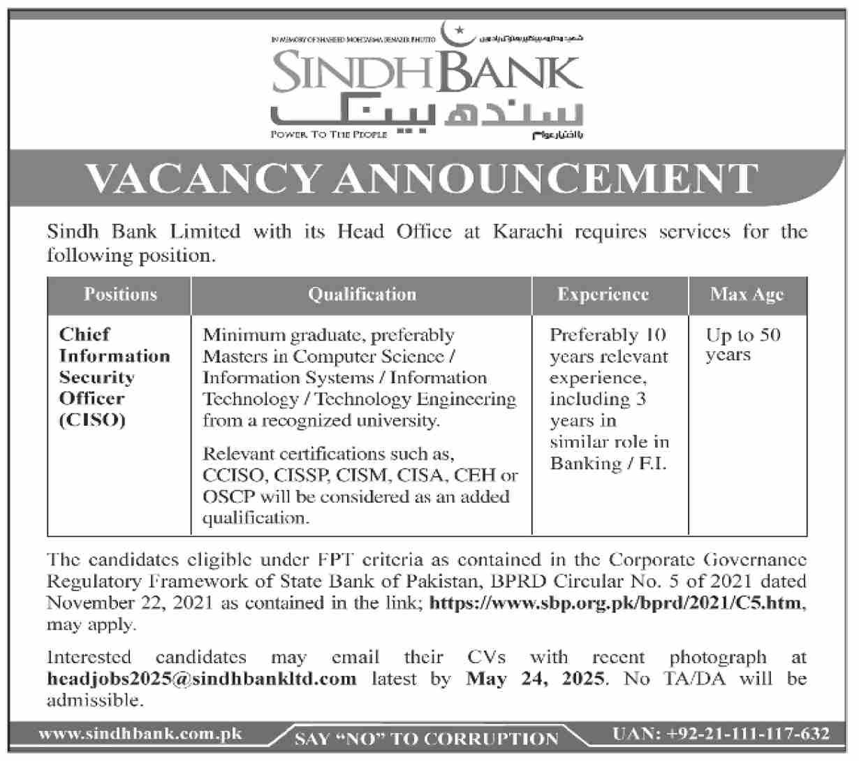Sindh Bank Karachi Jobs 2025 Jobs 2025 — original advertisement