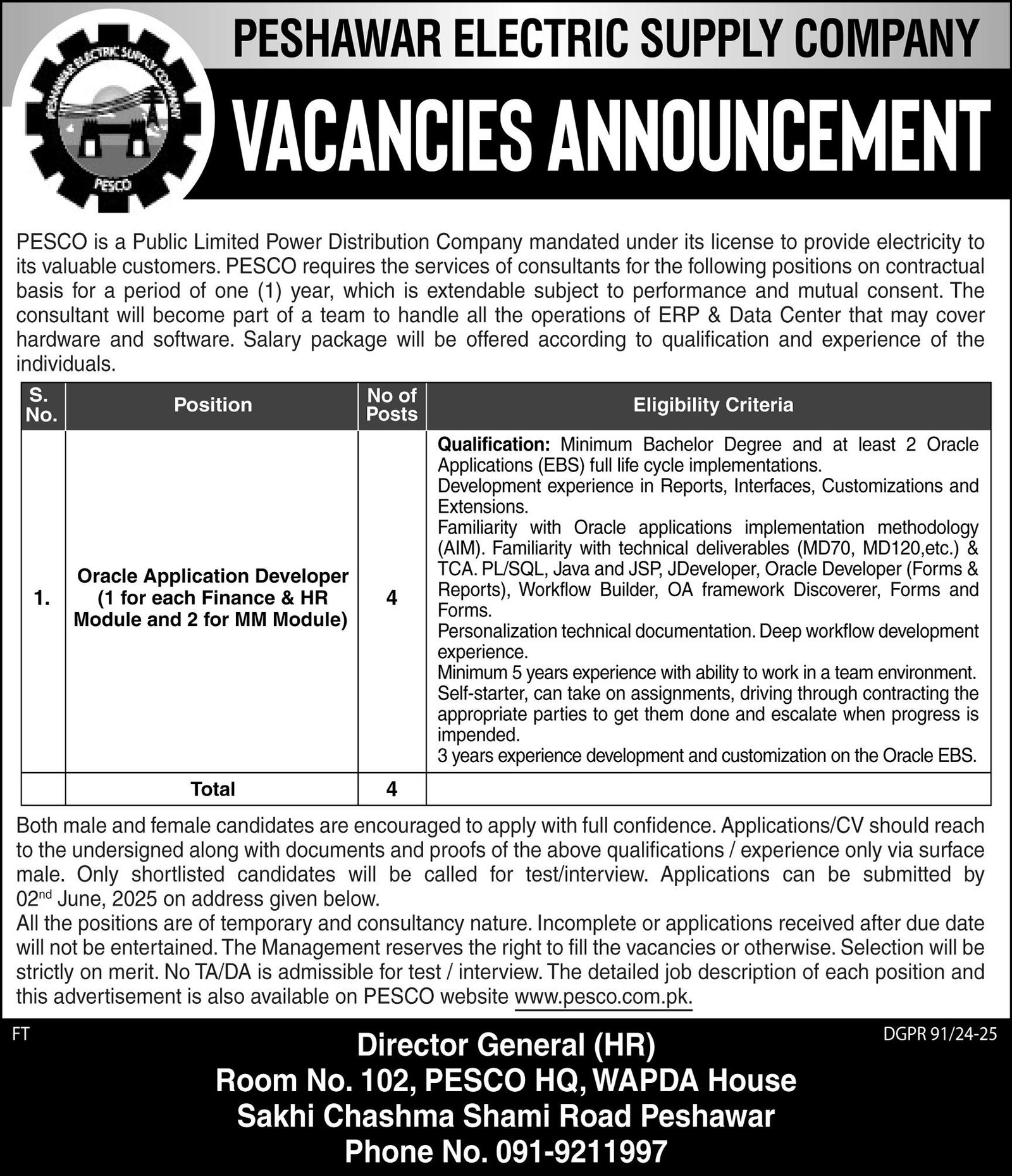Peshawar Electric Supply Company PESCO Job 2025 – Peshawar Electric Supply Company - PESCO Jobs 2025 — original advertisement
