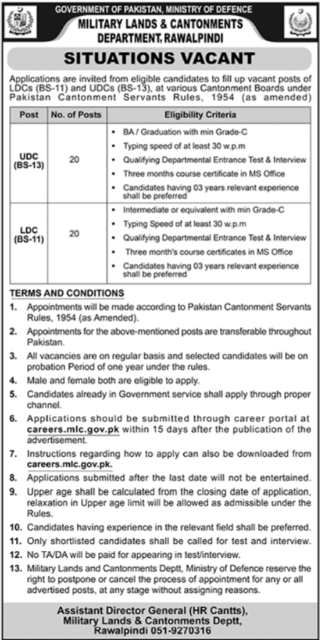 Military Lands And Cantonment Department Jobs 2025 – Cantonment Board Jobs 2025 — original advertisement