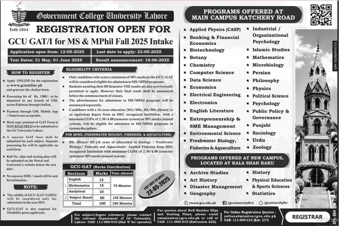 Admission Open in Governmnent College University Lahore 2025 – Government College University Lahore Admissions 2025 — original advertisement