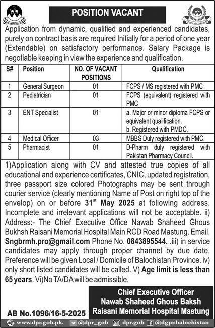 Nawab Ghous Bakhsh Raisani Hospital Jobs 2025 – Nawab Shaheed Ghous Bakhsh Raisani Memorial Hospital Mastung Jobs 2025 — original advertisement