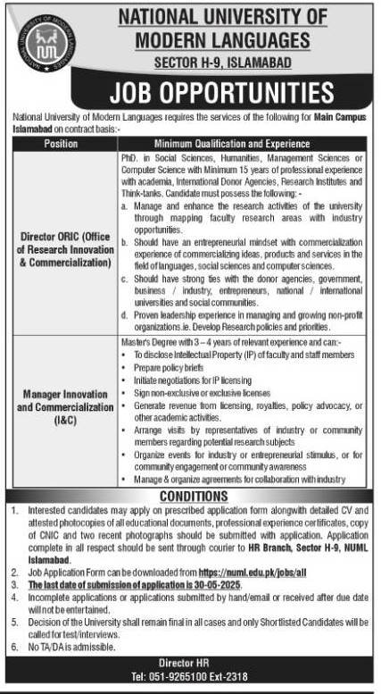 National University Of Modern Languages NUML Jobs 2025 – National University of Modern Languages Islamabad Jobs 2025 — original advertisement