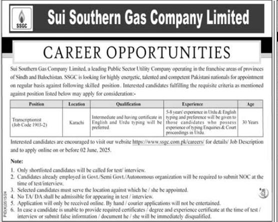 Sui Southern Gas Company Limited SSGC Jobs 2025 Jobs 2025 — original advertisement