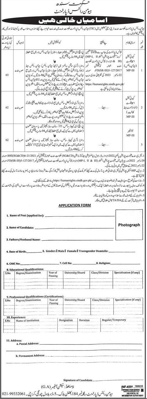Human Rights Department Sindh Jobs 2025 – Sindh Human Rights Commission SHRC Jobs 2025 — original advertisement