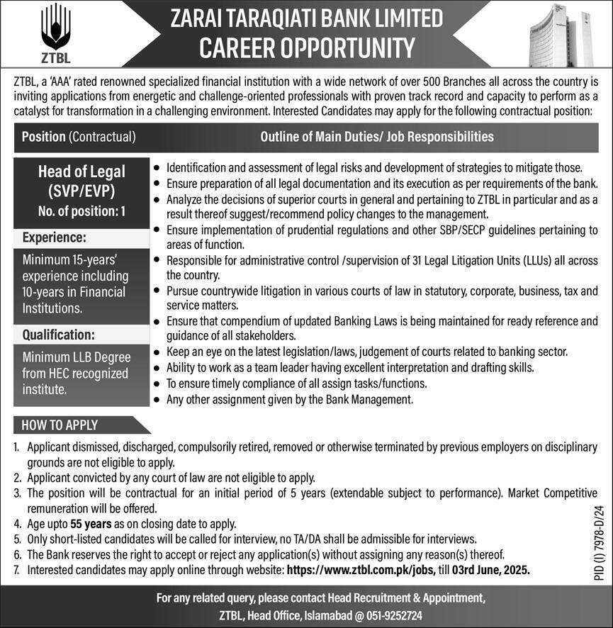 Zarai Taraqiati Bank Limited ZTBL Jobs 2025 Jobs 2025 — original advertisement