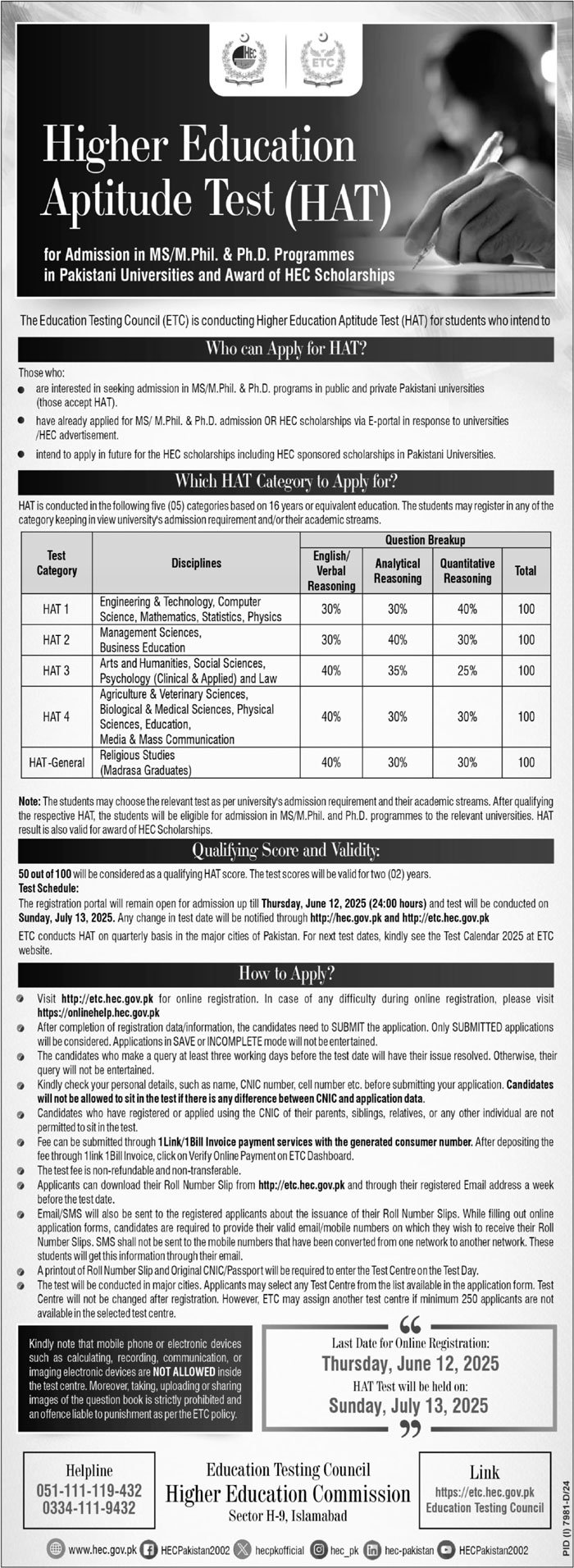 Higher Education Aptitude Test HAT 2025 – Higher Education Commission Islamabad Admissions 2025 — original advertisement