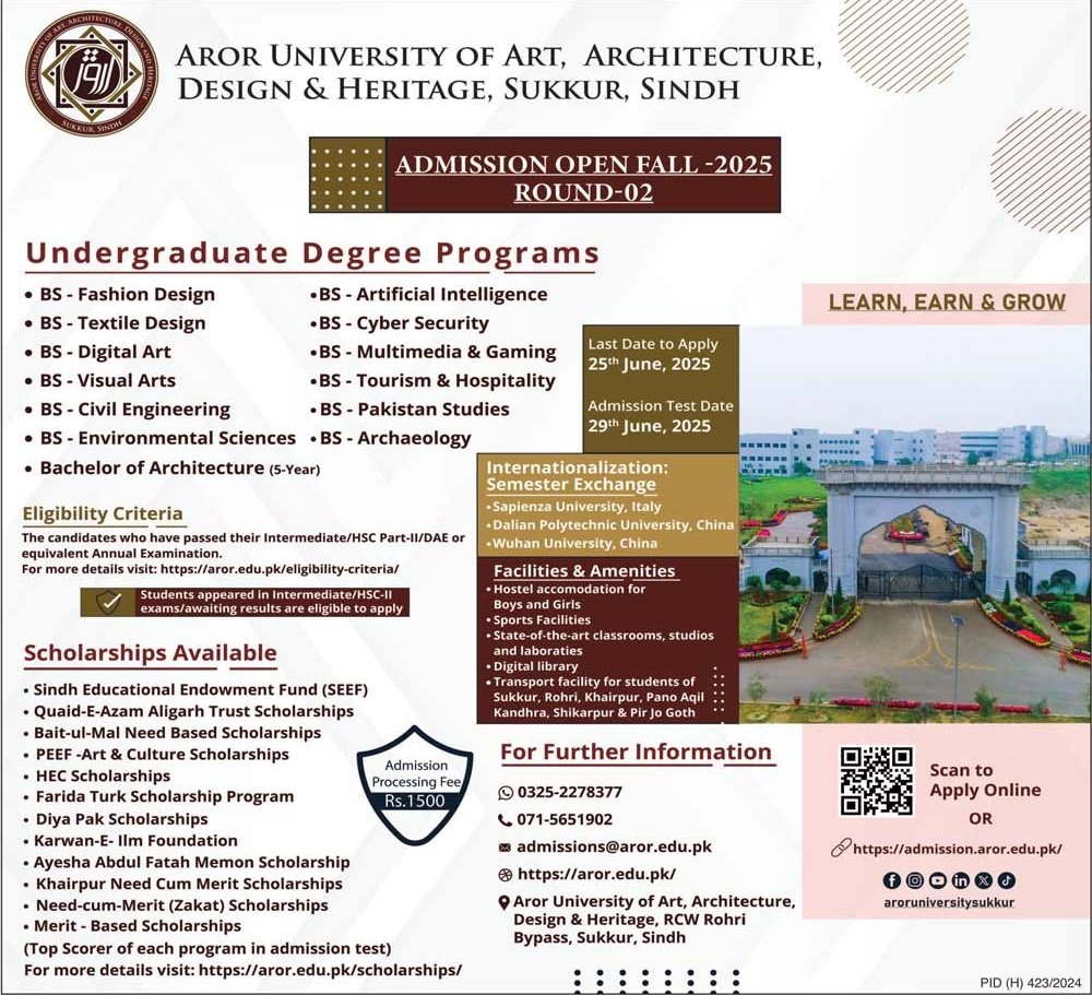 Admission Open in Aror University of Art Architechtre 2025 – Aror university of Art Architecture Design & Heritages Sukkur Admissions 2025 — original advertisement