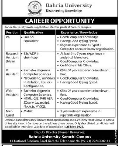 Bahria Univeristy of karachi Sindh Jobs 2025 – Bahria University Jobs 2025 — original advertisement