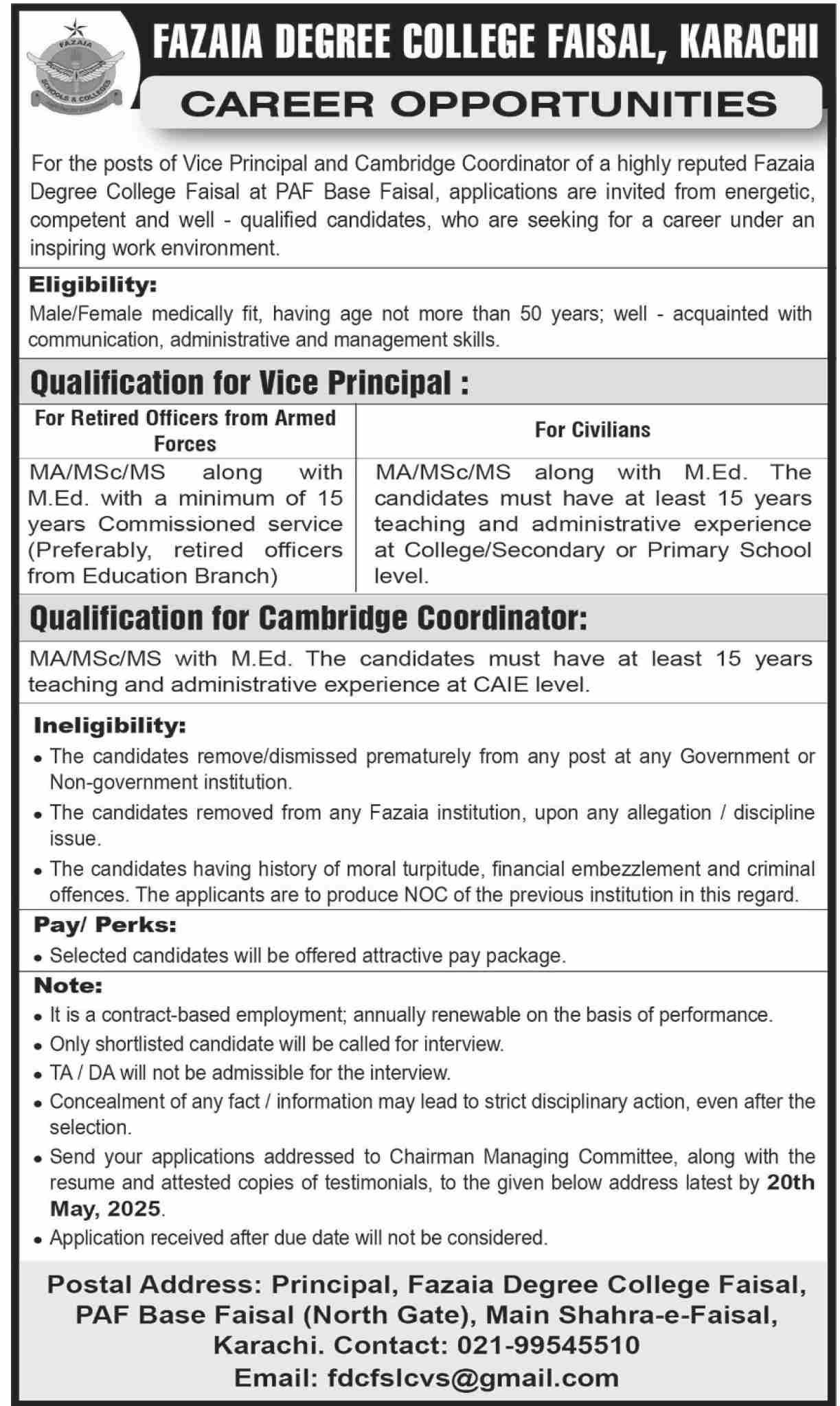 Fazaia Degree College Faisal Karachi Jobs 2025 – Fazaia Schools & Colleges Jobs 2025 — original advertisement