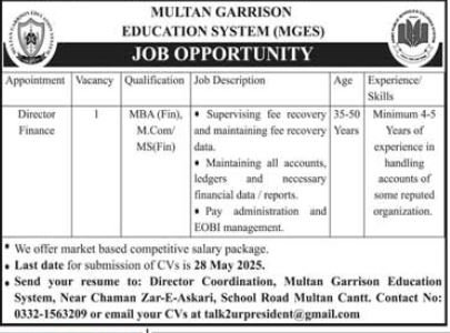 Multan Garrission Educatuion System Jobs 2025 – Multan Garrison Education System Jobs 2025 — original advertisement