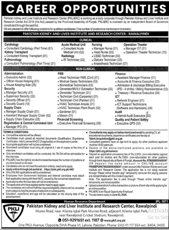 Pakistan Kidney & Liver Institute & Research Centre PKLI Job – Pakistan Kidney And Liver Institute (PKLI) And Research Centre Lahore Jobs 2025 — original advertisement