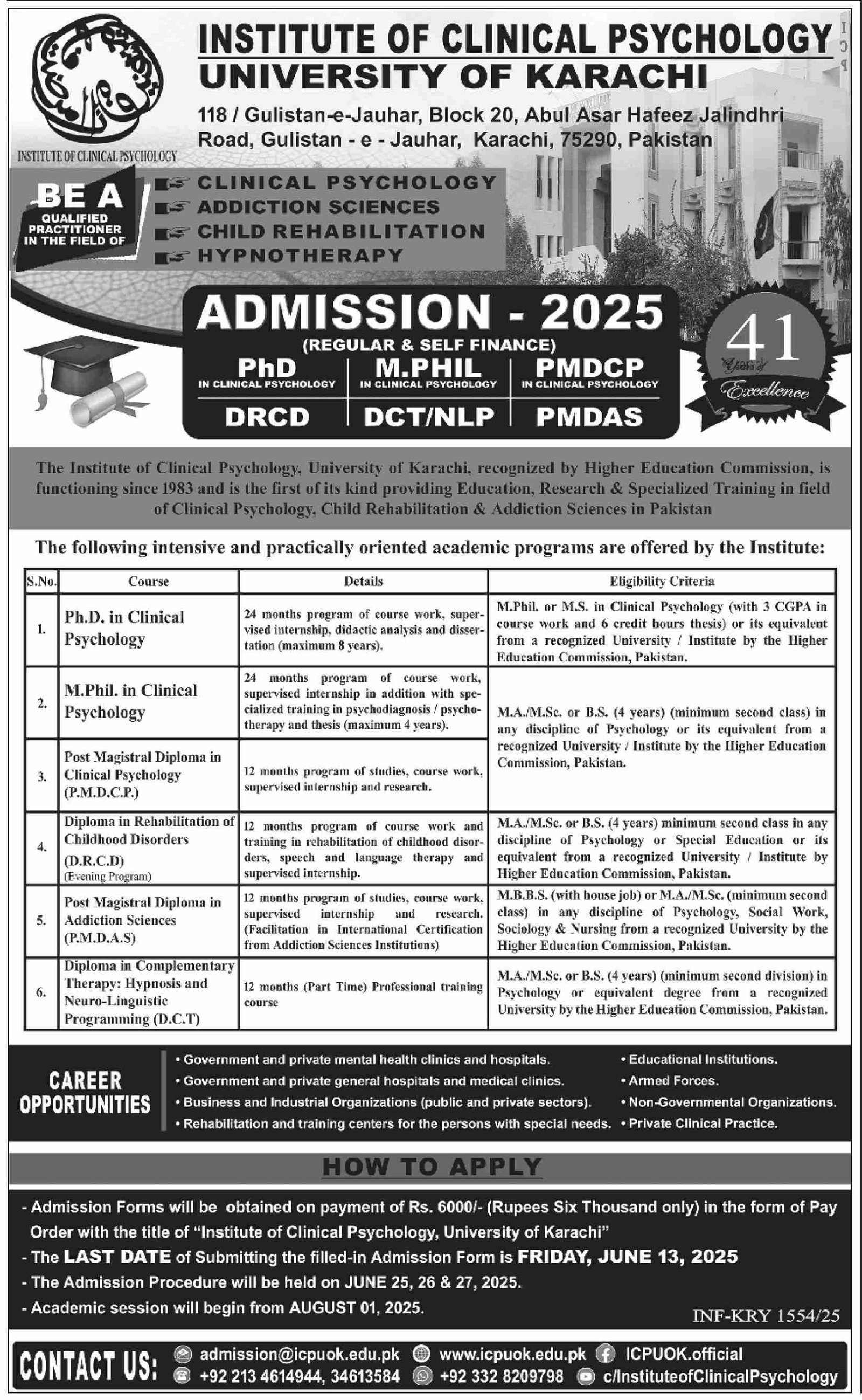 Admission Open in University of Karachi Sindh Admissions 2025 — original advertisement