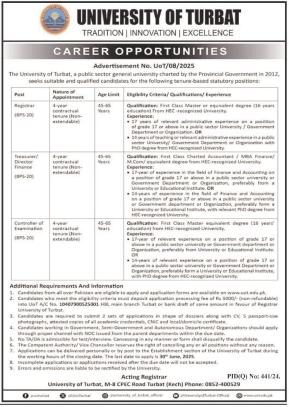 University of Turbat Balochistan Jobs 2025 Jobs 2025 — original advertisement