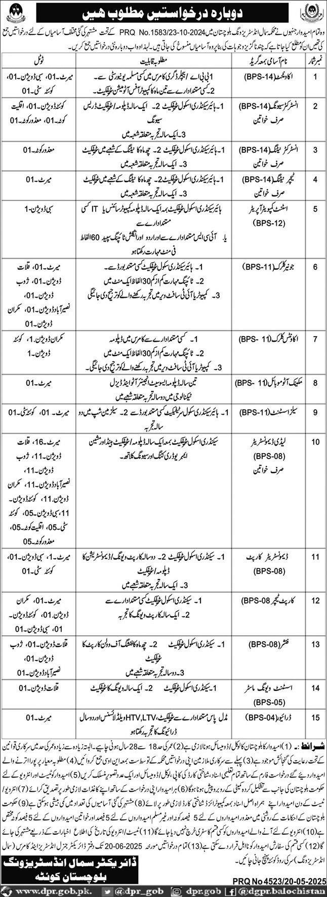Small Industries Wing Balochistan Jobs 2025 Jobs 2025 — original advertisement