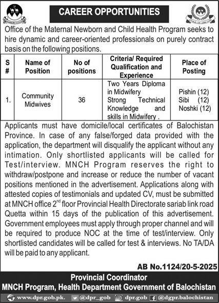 Maternal Newborn & Child Health MNCH Balochistan Jobs 2025 – Health Department Balochsitan Jobs 2025 — original advertisement