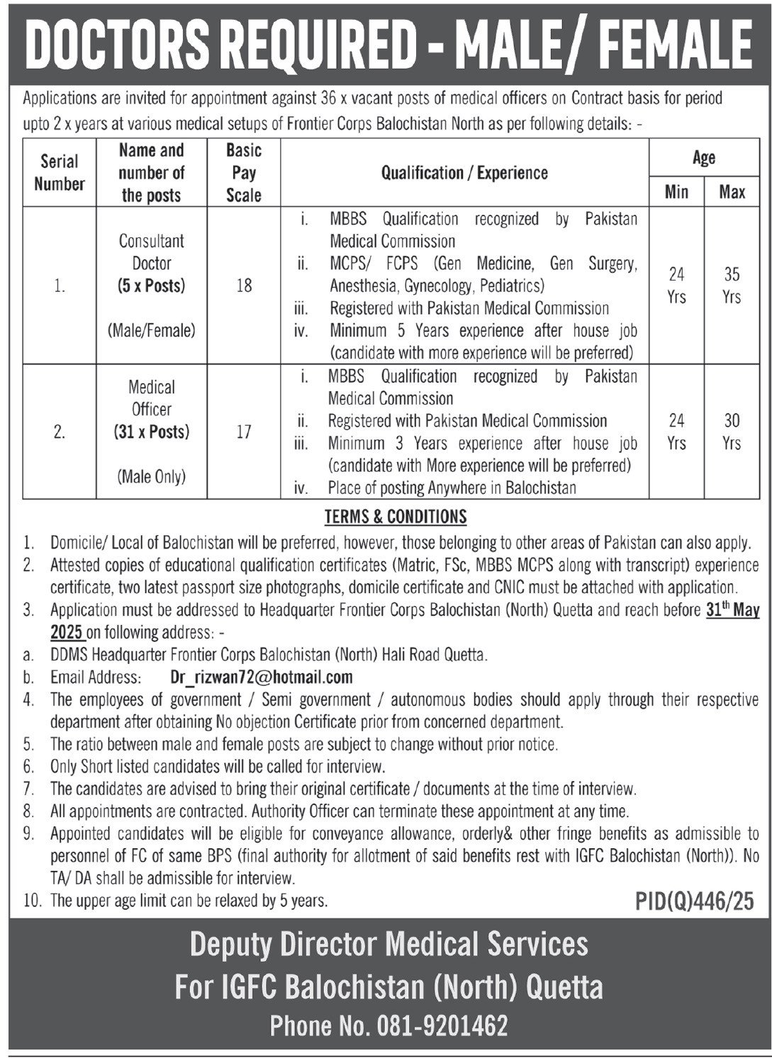 Inspector General Of The Frontier Corps IGFC Jobs 2025 – Frontier Corps (South) Balochistan Jobs 2025 — original advertisement