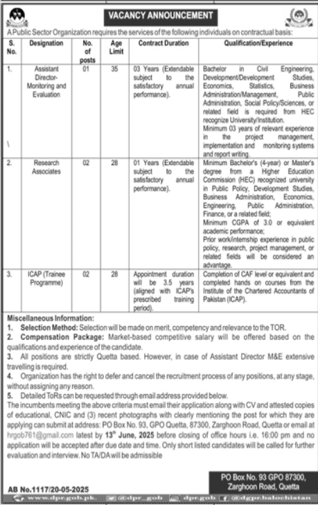Public Sector Organization Quetta Jobs 2025 Jobs 2025 — original advertisement