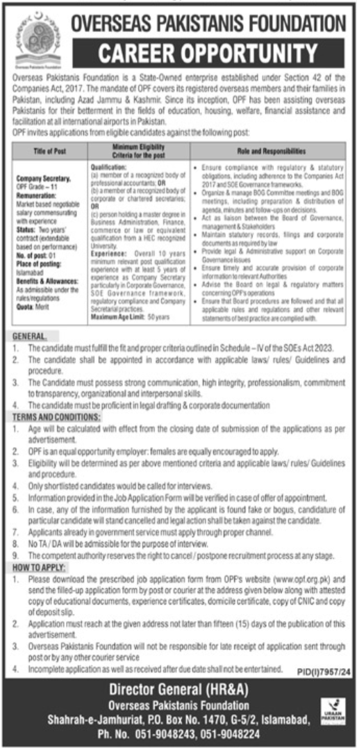 Overseas Pakistanis Foundation OPF Islamabad Jobs – Overseas Pakistanis Foundation Islamabad Jobs 2025 — original advertisement